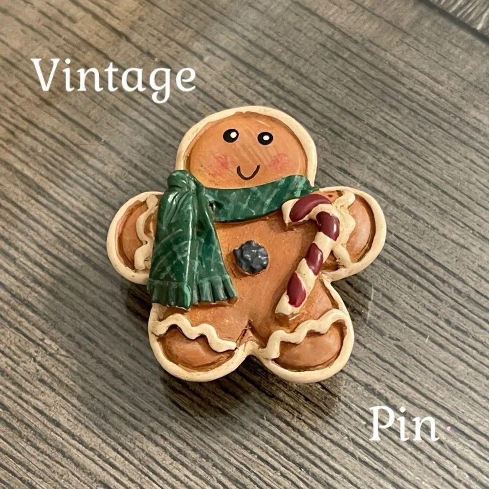Vintage Festive Gingerbread Man Pin with Green Scarf & Candy Cane Christmas Pin